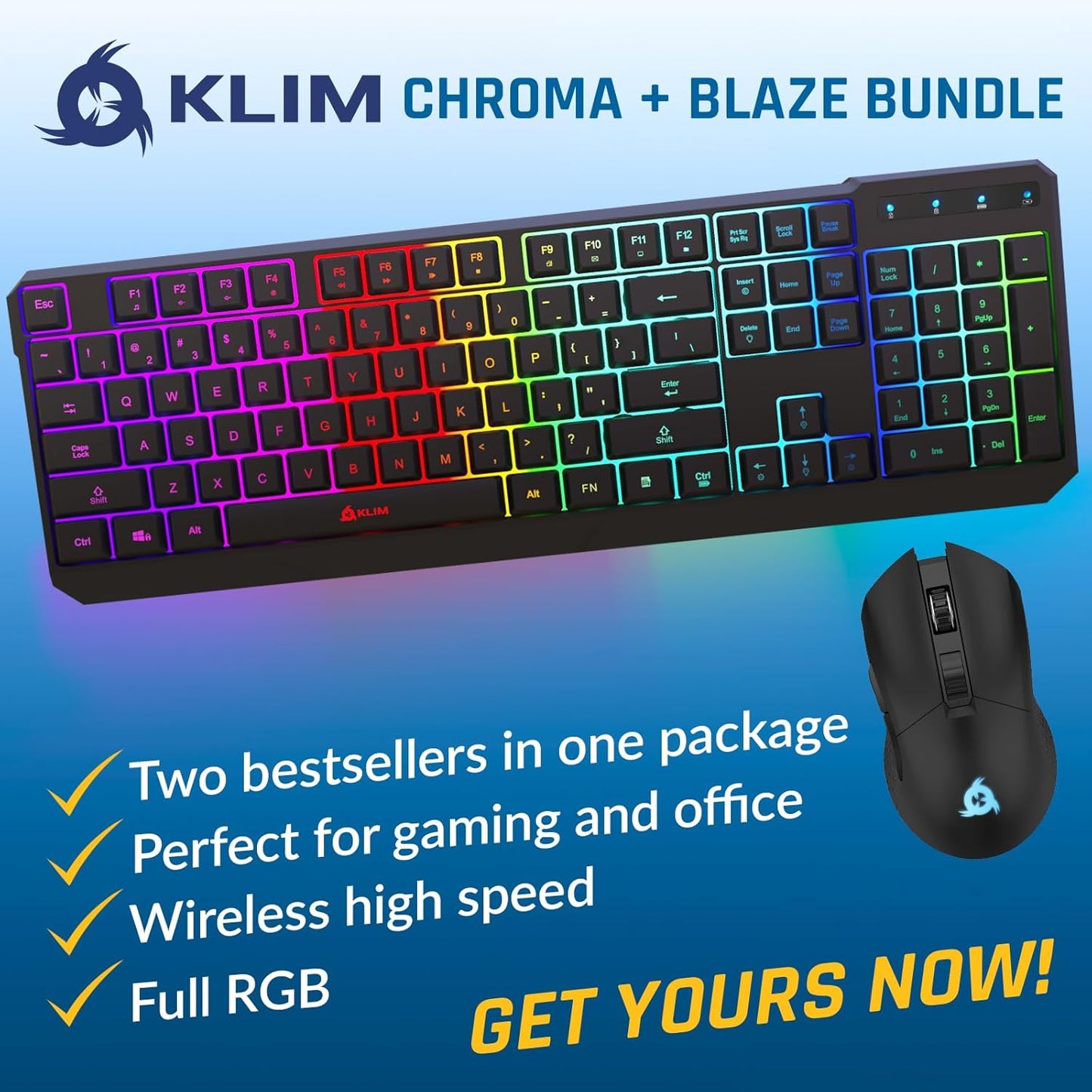 KLIM Chroma Wireless Gaming Keyboard RGB New - Long-Lasting Rechargeable Battery - Quick and Quiet Typing - Water Resistant Backlit Wireless Keyboard for PC PS5 PS4 Mac - Black
