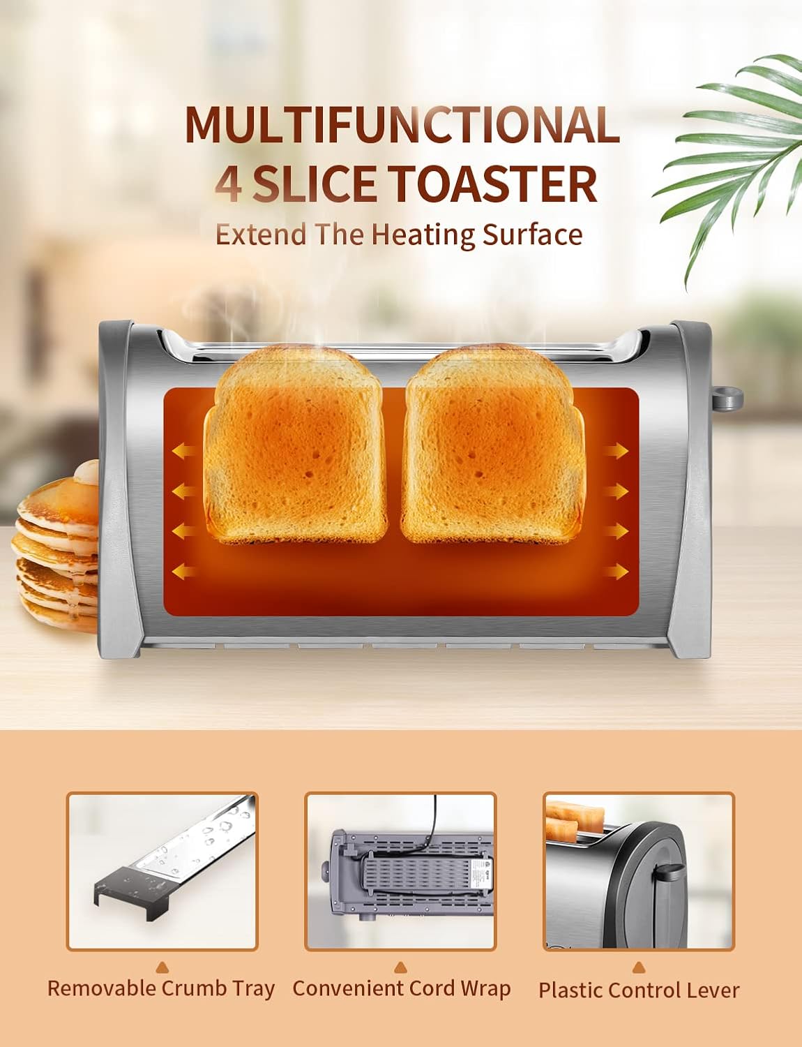 4-Slice Toaster with Extra-Wide 1.25" Slots & Independent Controls | 1300W for Fast, Even Heating | Defrost, Reheat, Cancel Functions | Removable Crumb Tray Brush Silver