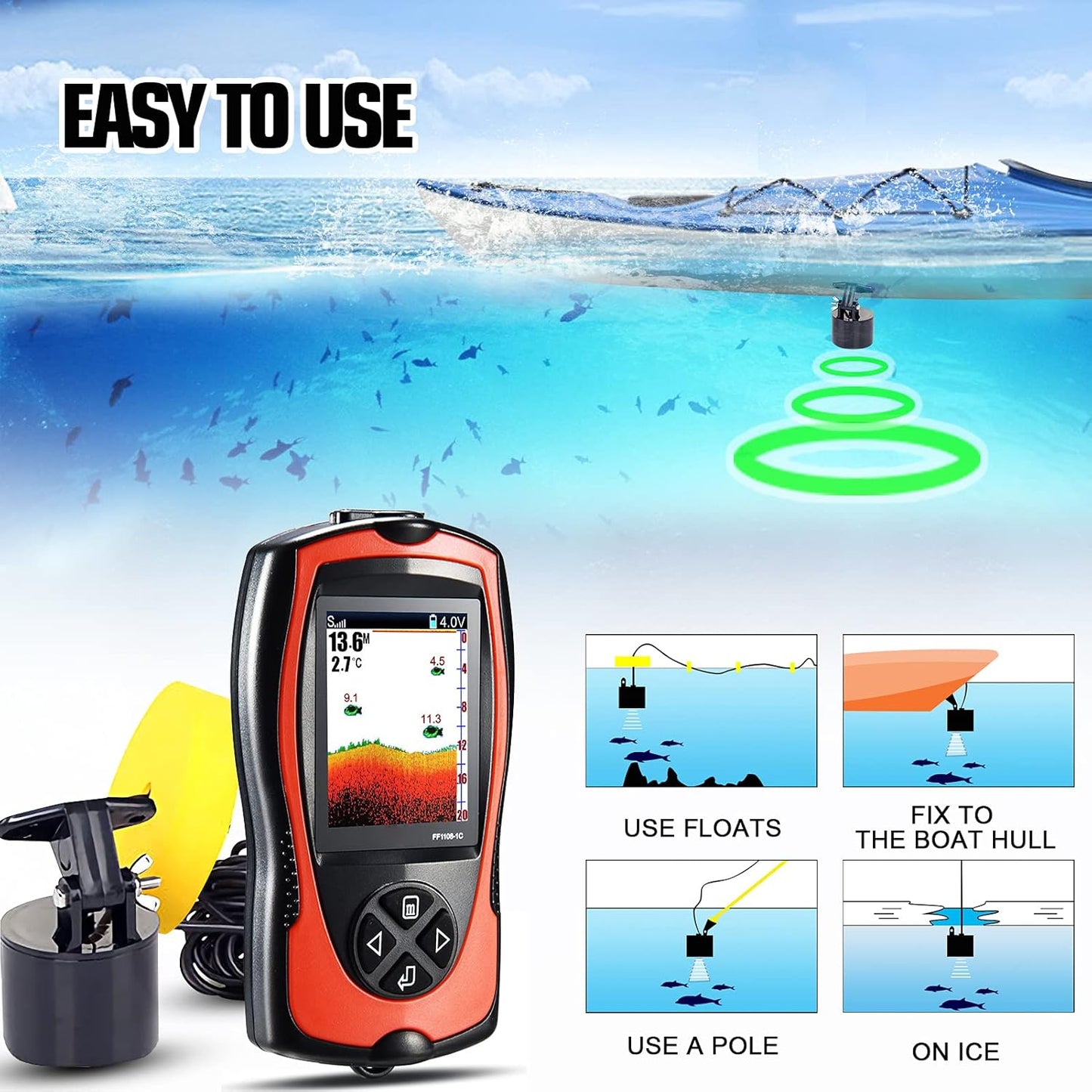 Atibin Handheld Wired Fish Finder Kayak Portable Display Depth Finder Boat Sonar Fish Finders Transducer Sensor LCD Screen