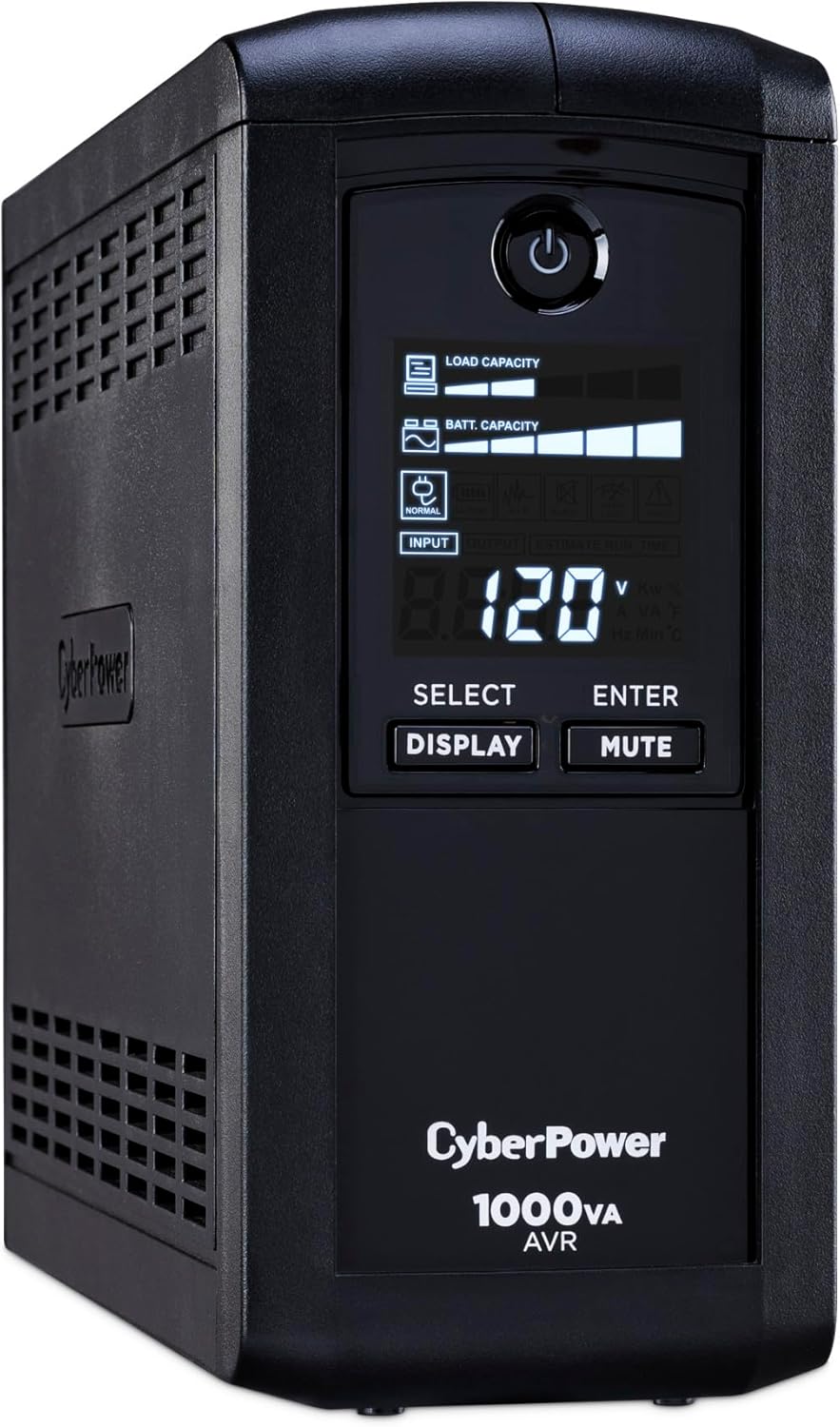 CyberPower CP1500AVRLCD3 Intelligent LCD UPS System, 1500VA/900W, 12 Outlets, 2 USB Ports, AVR, Mini Tower, Black