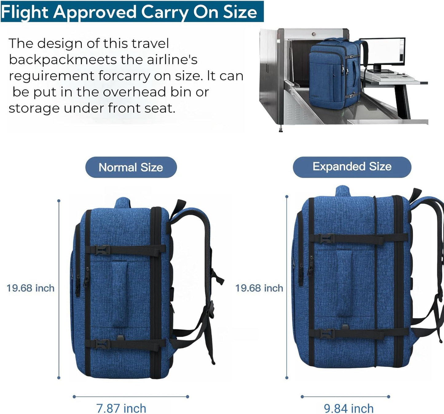 Travel Backpack for Men, 55L Extra Large Carry On Backpack, Expandable Big Capacity Backpack For Airplanes, Travel Gifts for Men Women, Fits 18.4 Inch Laptop, Luggage Daypack Bag, Blue