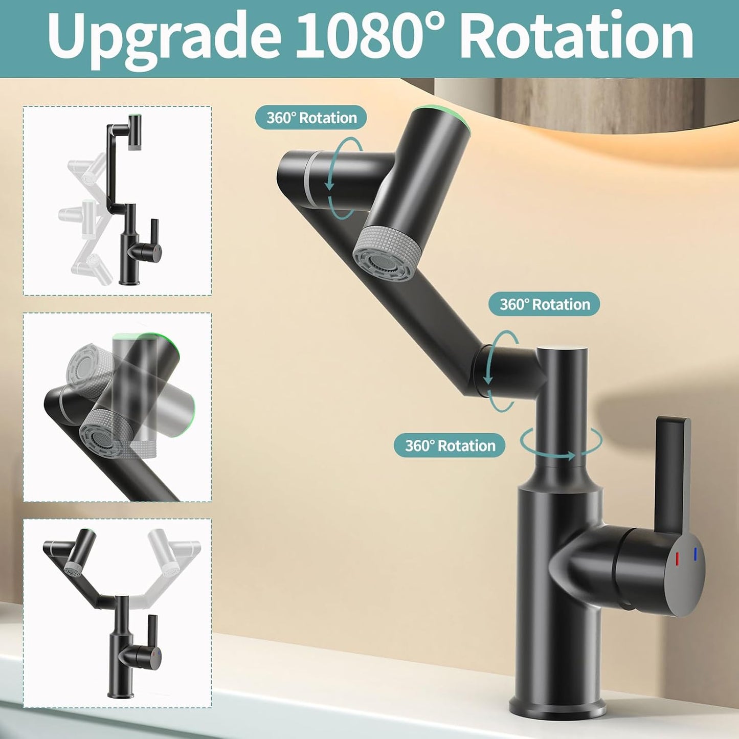 EAARSUO Single Hole Rotatable Bathroom Faucet with Temperature Display, Single Handle Modern Rotating Bathroom Sink Faucet 1 Hole, 1080 Degree Swivel Faucet with 2 Water Outlet Modes (Black)