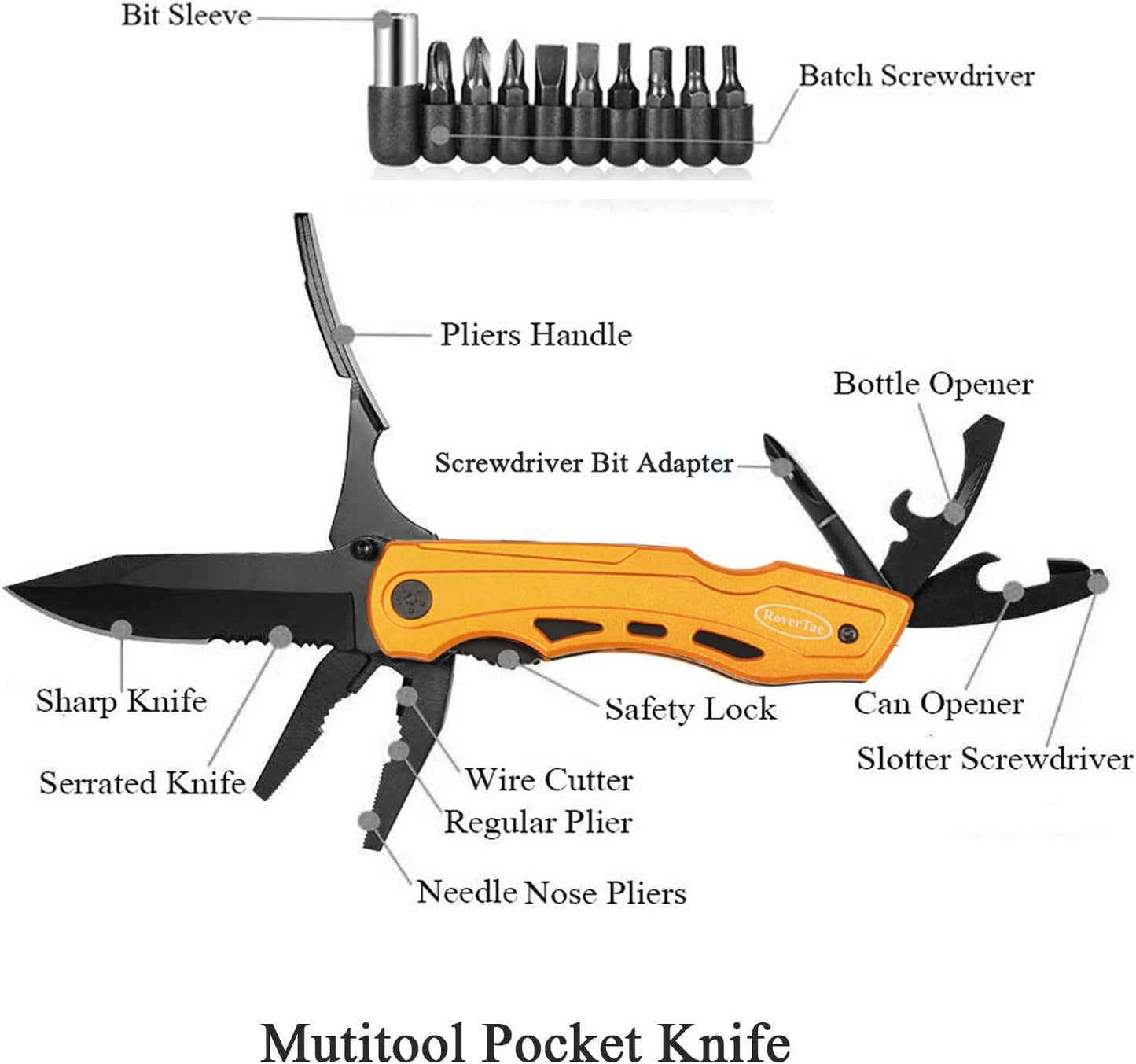 RoverTac Pocket Knife Tactical Folding Knife Multi Tool Survival Camping Knife, Multitool Knife Pliers Bottle & Can Opener 9-Pack Screwdrivers Liner Lock Nylon Sheath, Pocket Knife for Camping Hiking