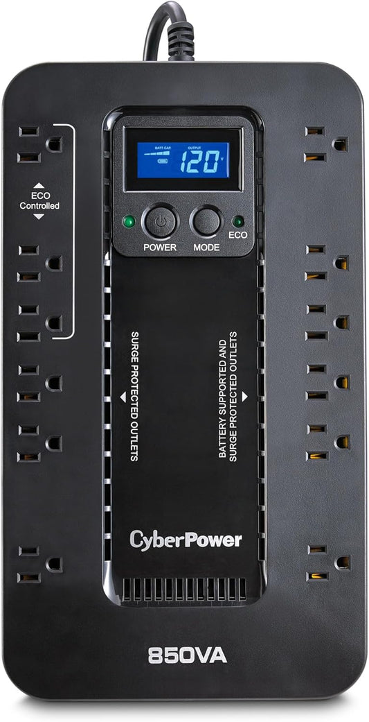CyberPower EC850LCD Ecologic Battery Backup & Surge Protector UPS System, 850VA/510W, 12 Outlets, ECO Mode, Compact, Uninterruptible Power Supply