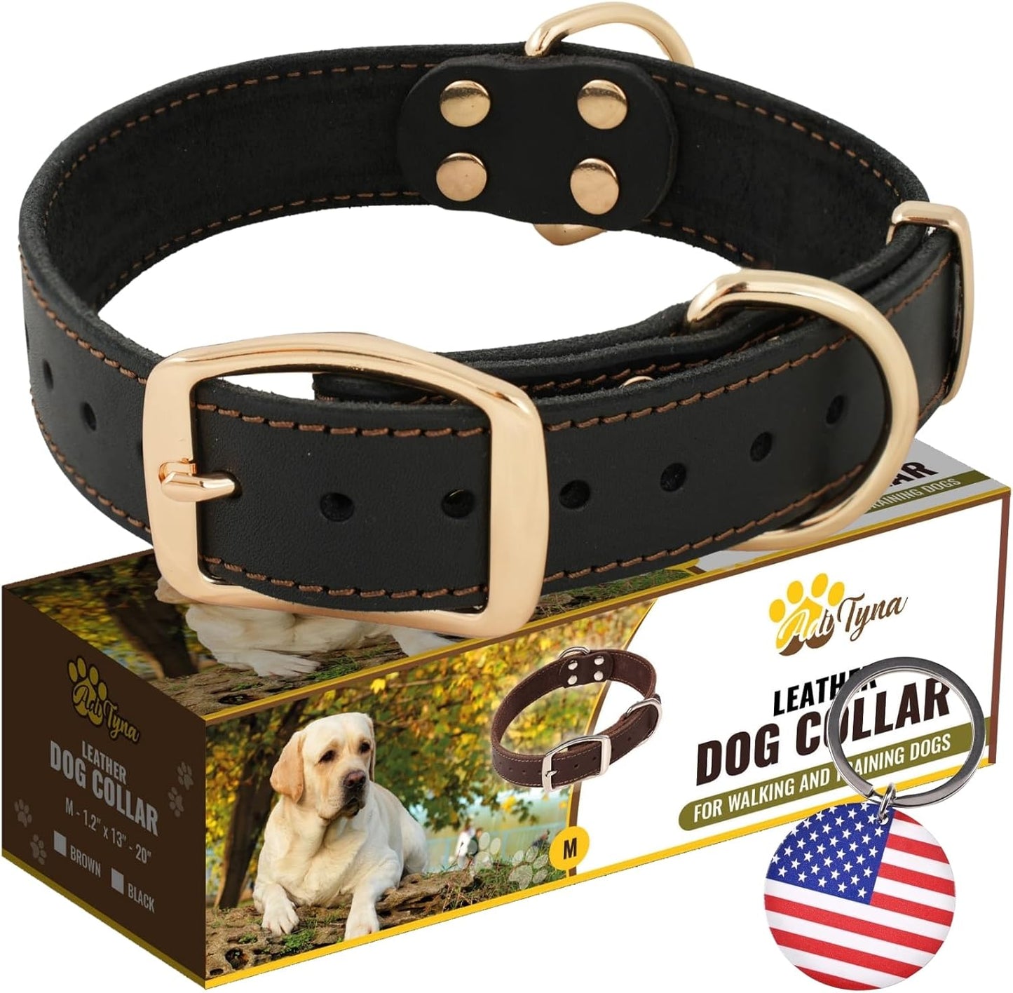 ADITYNA Heavy-Duty Leather Dog Collar for Medium Dogs - Soft and Strong, 100% Genuine Leather - Collier Pour Chien (Medium: Fit 13" - 20" Neck, Brown)