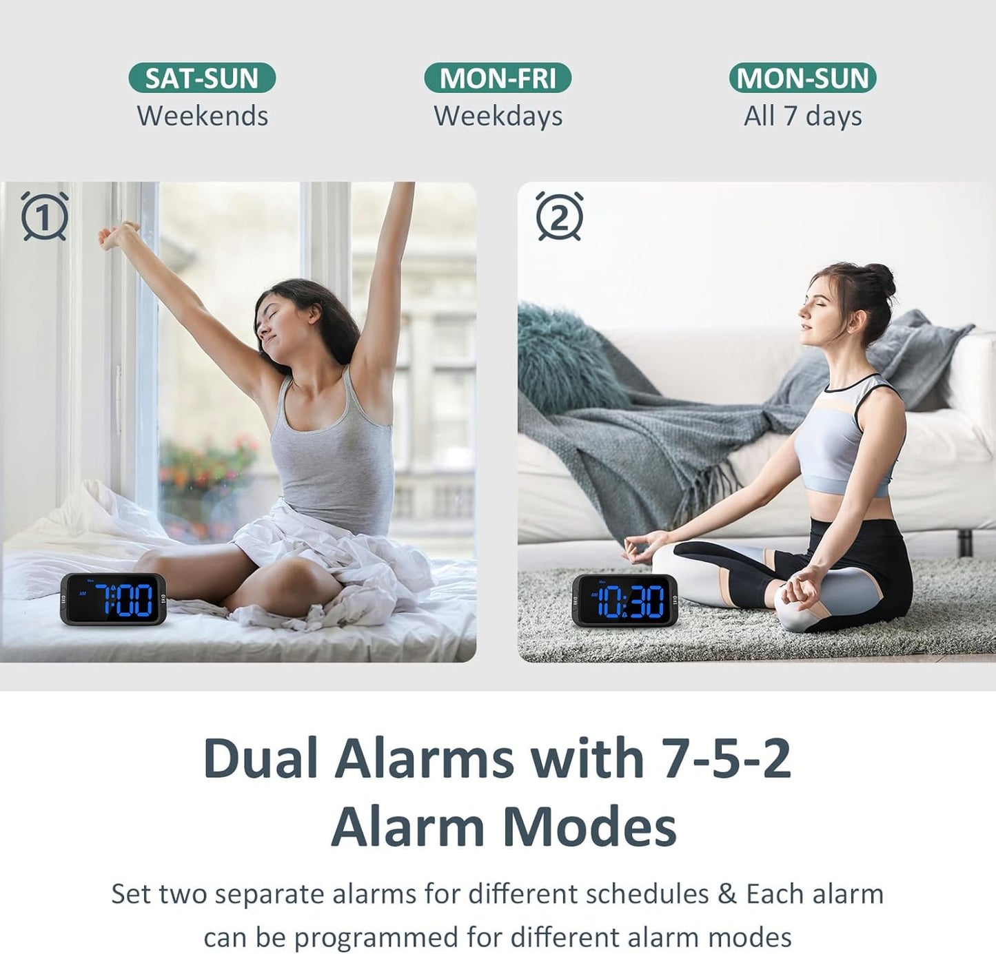 Odokee Digital Dual Alarm Clock for Bedroom, Easy to Set, 0-100% Dimmer, USB Charger, 5 Sounds Adjustable Volume, Weekday/Weekend Mode, Snooze, 12/24Hr, Battery Backup, Compact Clock for Bedside(Blue)