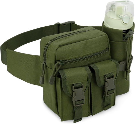 DOB SECHS Hiking Waist Bag with Detachable Water Bottle Holder and Adjustable Waist Belt, Oxford Fanny Pack for Men Women Causal Belt Bag for Travel Outdoor Fishing Running Hiking Hunting, Green