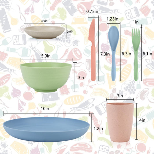 Wrova wheat straw bowls,plates,cups and cutlery sets 28 pcs - Reusable plastic dinnerware sets microwave safe and dishwasher safe - Ideal dish sets for kitchen, camping, indoors and out doors.Nordic