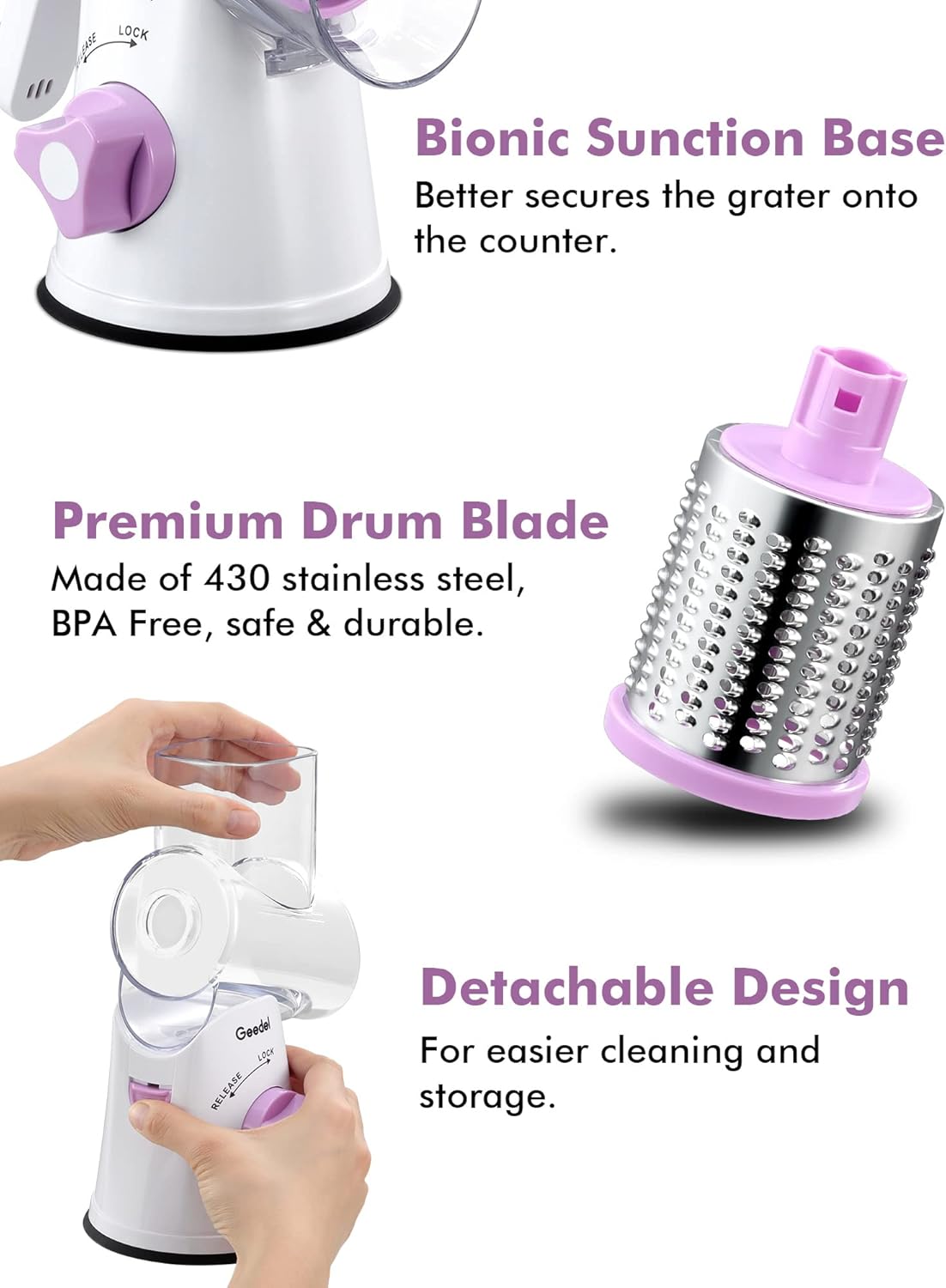 Geedel Kitchen Cheese Grater, Rotary Mandoline Vegetable Slicer with Interchangeable Blades, Easy to Use Rotary Grater Slicer for Fruit, Vegetables, Nuts