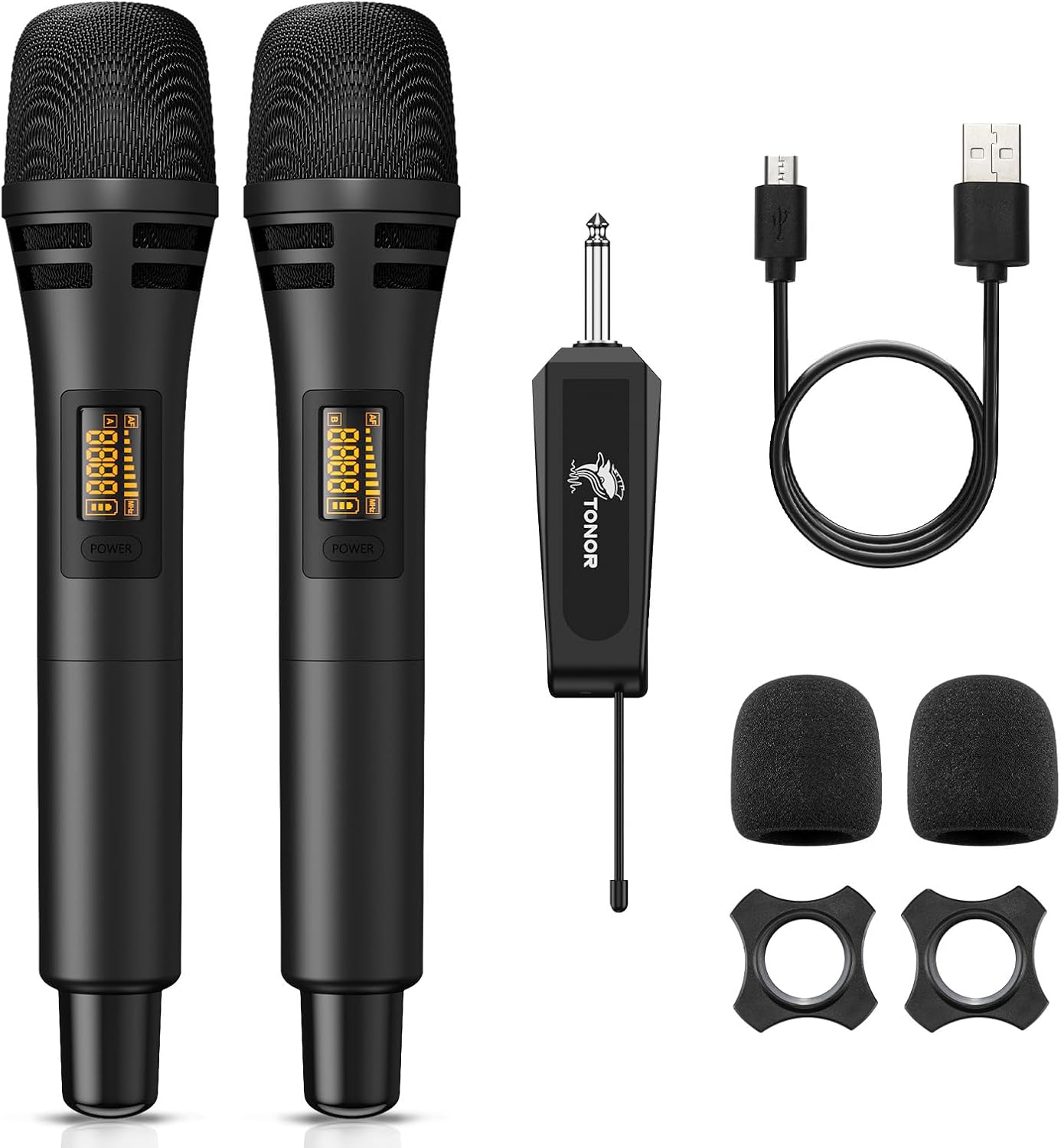 TONOR Wireless Microphones, UHF Dual Karaoke Microphone System, Microfonos Inalambricos with Rechargeable Receiver, Cordless Dynamic Mic for Singing, Wedding, DJ, Party, Speech TW320 Grey