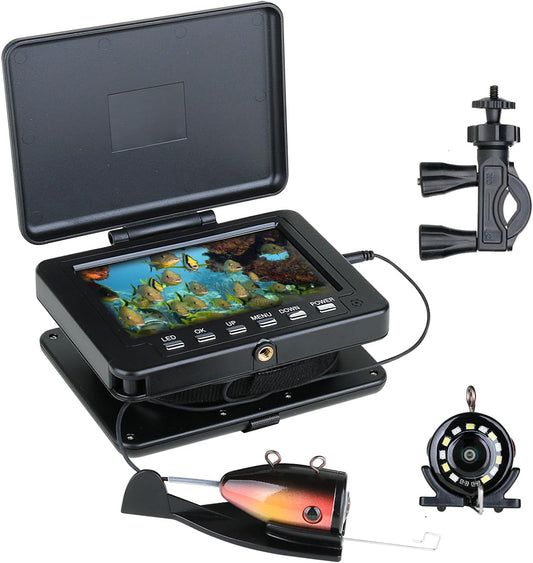 Underwater Fishing Camera for Rod, 5 Inch LCD Monitor with 1080P Portable Fish Finder, Adjustable LED White Light, 15M Cable Aluminum IP68 Camera for Ice Lake Sea Boat Kayak Fishing