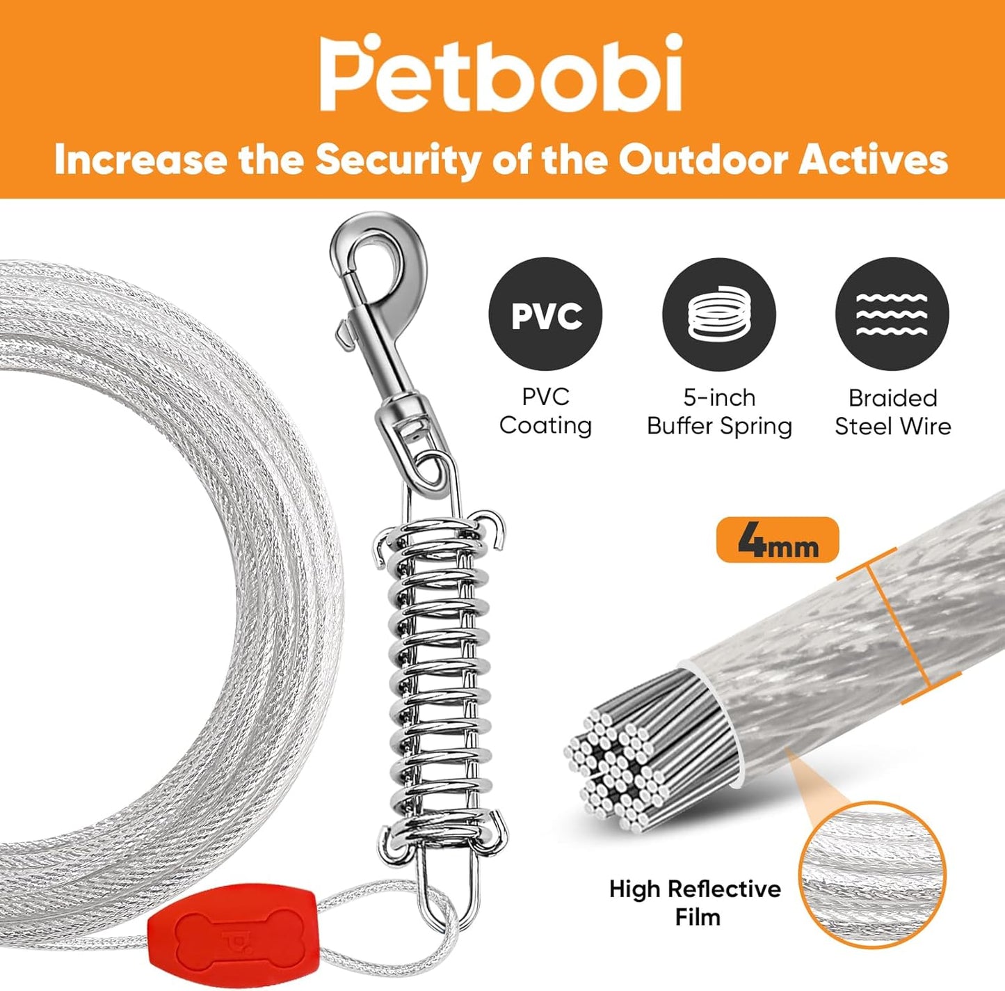 Petbobi Dog Tie-Out Cable and Stake - 30ft Heavy Duty Cable with Spring, No Tangle, 16in Ground Stake, Ideal for Yard, Camping and Beach, Suitable for Small Medium Large Dogs Up to 120 lbs, Blue