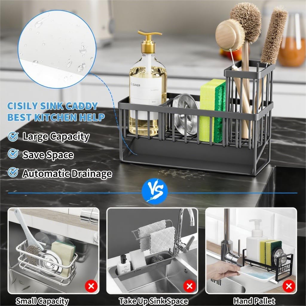 Cisily Kitchen Sink Caddy Organzier with High Brush Holder, Sponge Holder for Sink, 304 Rustproof Stainless, Kitchen Countertop Soap Dispenser Organizer, Kitchen Decor and Accessories (Black)
