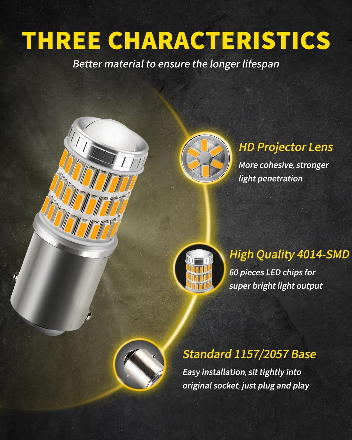 AUXLIGHT 3157 3156 4157 3057 3357 LED Bulbs, Ultra Bright 60-SMD LED Replacement for Turn Signal Blinker Lights, Brake/Tail Lights, Parking/Running Lights, Amber Yellow (Pack of 2)