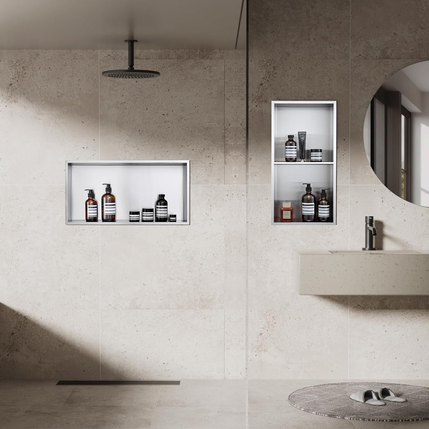 MENATT No Tile Shower Niche, Stainless Steel Wall Niche 13"X19"(Inner Size 12"X18"), Two-Tier Bathroom Shelf, NO Tile Needed Recessed Niche Shower for Bathroom Storage, Black