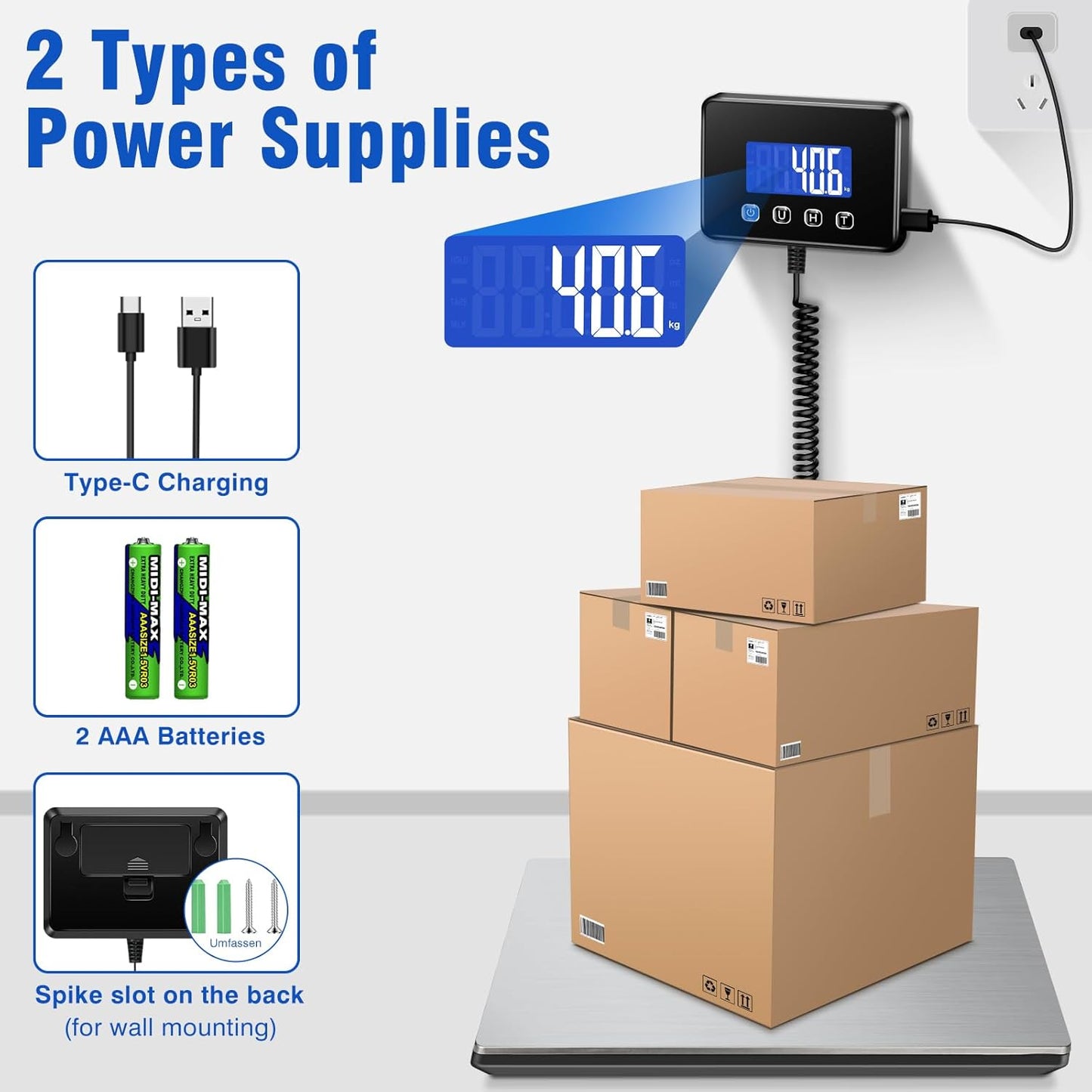 RAOYAN Shipping Scale, 660 lb / 1 oz High Accuracy Digital Postal Scale with LCD Display, Hold/Tare Function, Shipping Scale for Package, Luggage, Warehouse (Including 2 Batteries, Charging Cable)