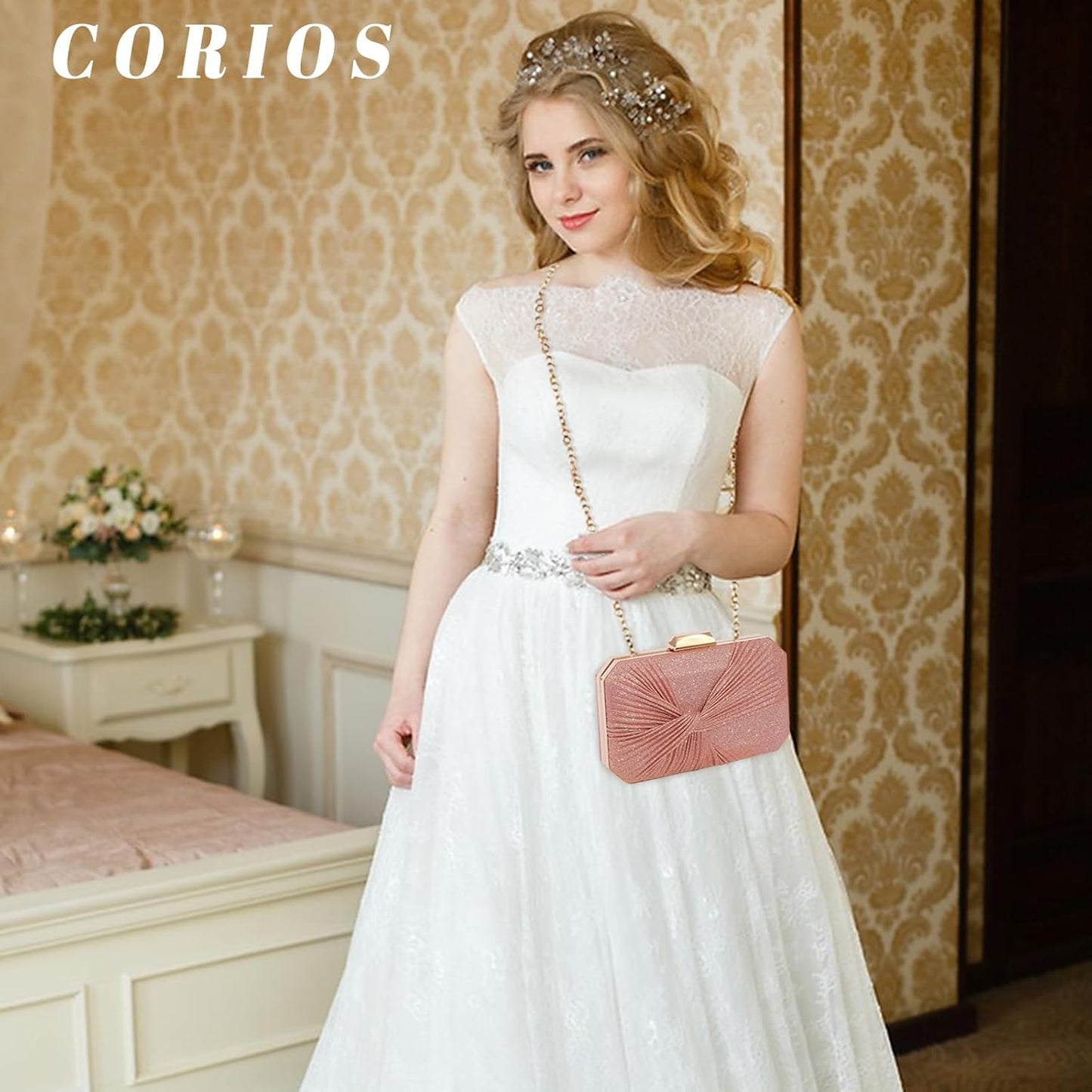 CORIOS Pleated Evening Bag Sparkly Sequin Clutch Bag for Women Sparkly Handbag Bridal Wedding Purse Elegant Crossbody Bag