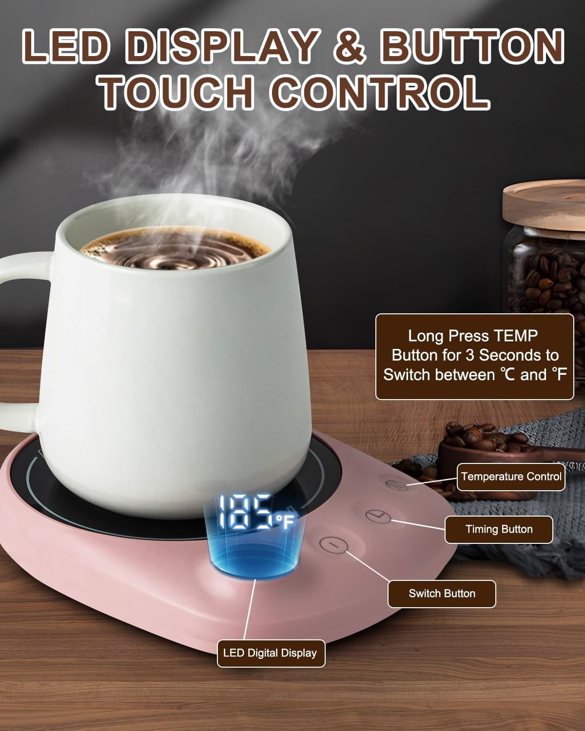 MYMULIKE Mug Warmer, Coffee Mug Warmer for Desk with 4 Temperature Settings (55℃/65℃/75℃/85℃), Coffee Warmer with Auto Shut Off, 1-12 Hour Timer, Desk Accessories for Office/Home