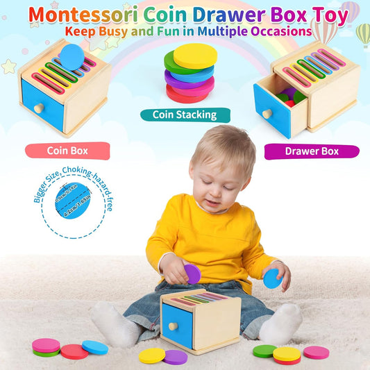 Wooden Montessori Coin Box Toy for Toddlers 1–3, Color Sorting and Stacking Sensory Learning Toy for Boys and Girls - PuriLite