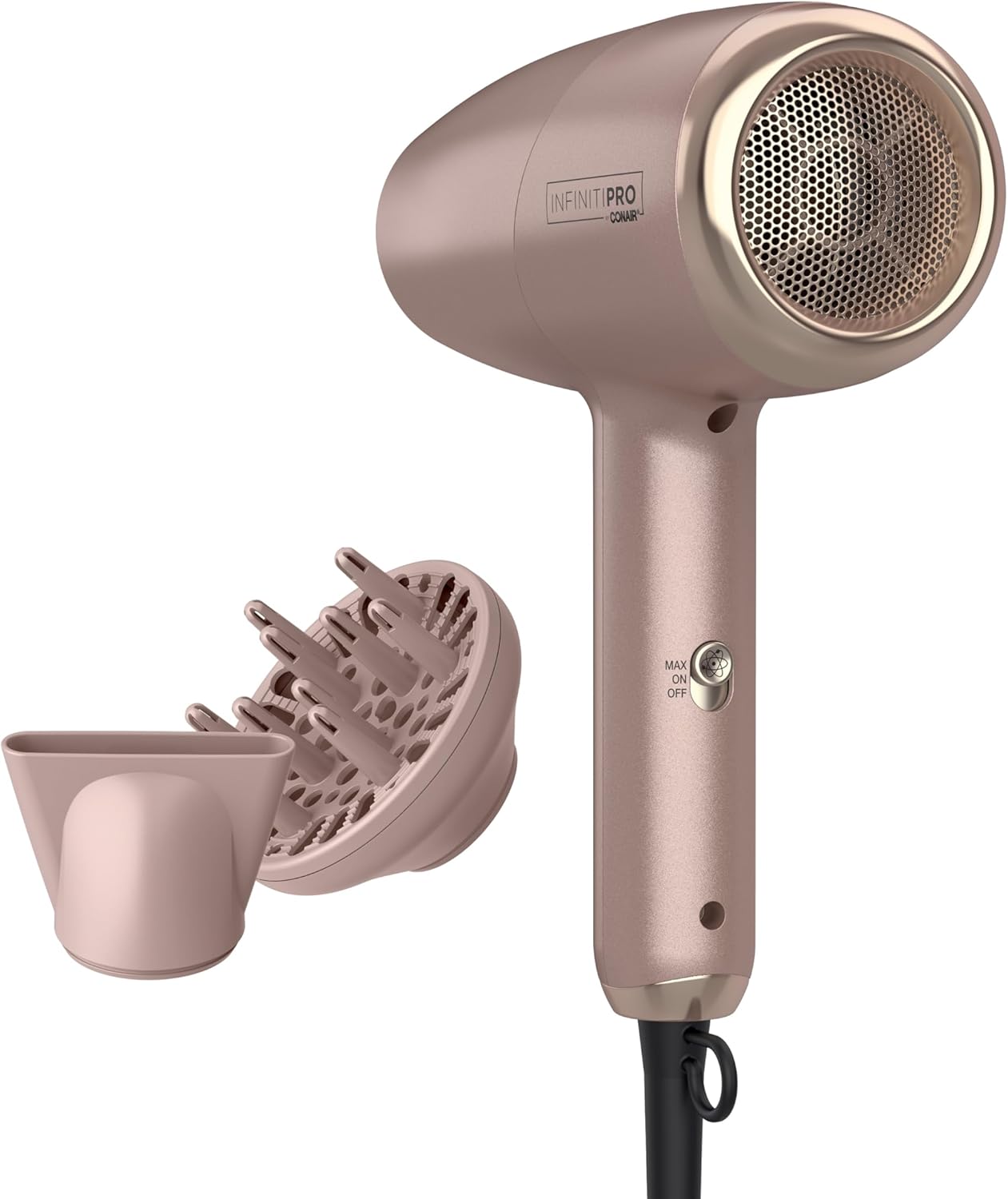 InfinitiPRO by Conair 750C Frizz Free Pro Dryer, 3 Heat/2 Speed Settings, Includes Diffuser and 2 Contentrators, Rose Gold, Hair Dryer