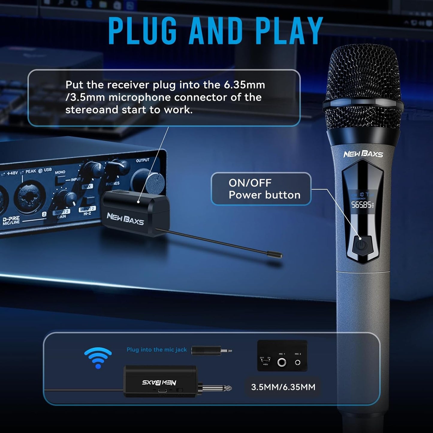 NEWBAXS Wireless Microphones,Dual Karaoke Microphone System,Microfonos Inalambricos with Rechargeable Receiver, Cordless Dynamic Mic Set for Singing, Wedding, DJ, Party, Speech,Micro Matte Gray