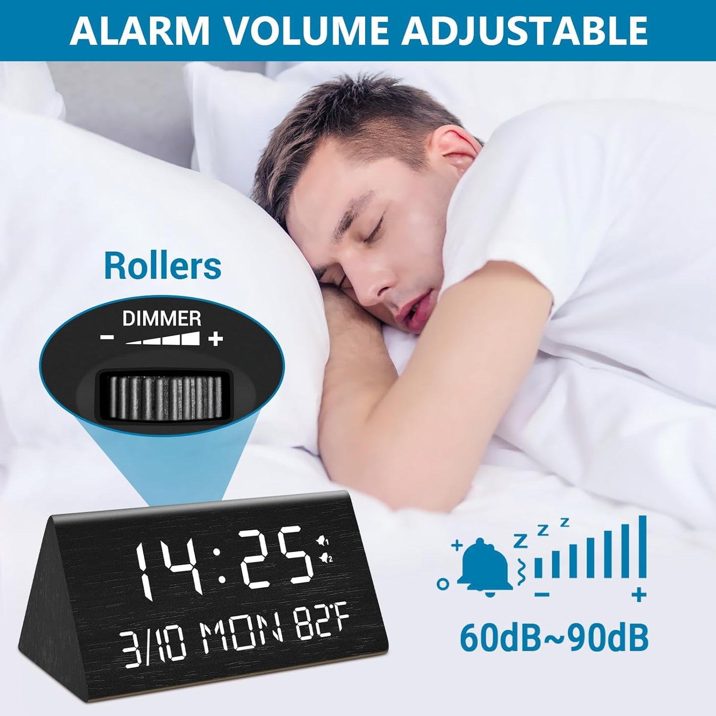 Kogonee Wooden Digital Alarm Clock, 0-100% Dimmer, 2 Alarm Settings, Weekday/Everyday Mode, 9 Mins Snooze, 12/24H, Temperature and Date Display for Office, Travel, Bedroom Alarm Clock (White)