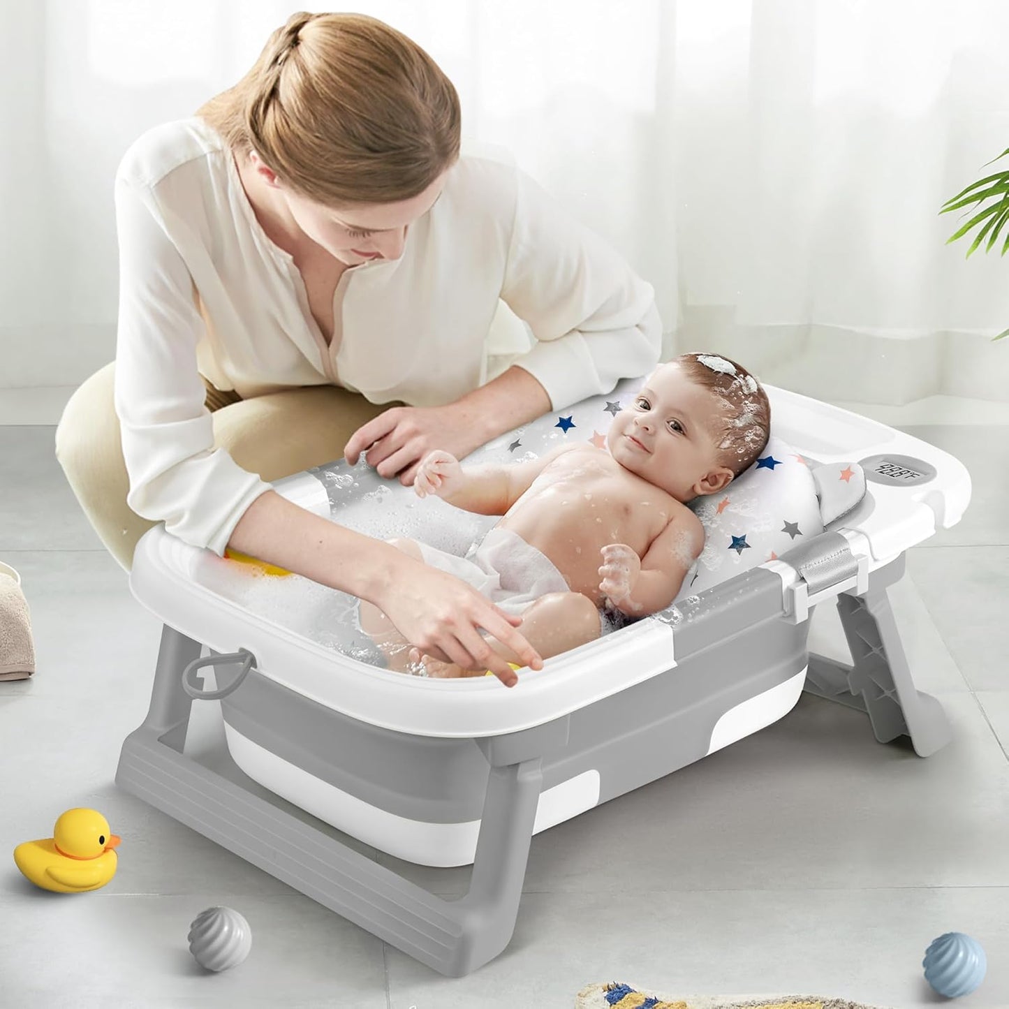 Collapsible Baby Bathtub,Baby Bath Tub with Thermometer & Soft Cushion,Baby Bathtub for Newborn to Toddler 0-36 Months,Portable Travel Baby Tub with No-Slip Feet,Baby Shower Gifts,Pink