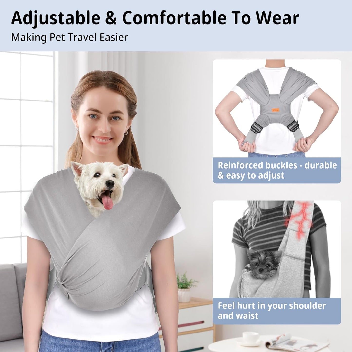 CUBY Swaddle Dog Sling Carrier for Small Dogs, Front Pet Sling Carrie Chest, Hands Free Adjustable Cat Slings Carrier Soft Cotton Reducing Pain Puppy SlingCarrier for Small Pets Up to 11lb (Grey)