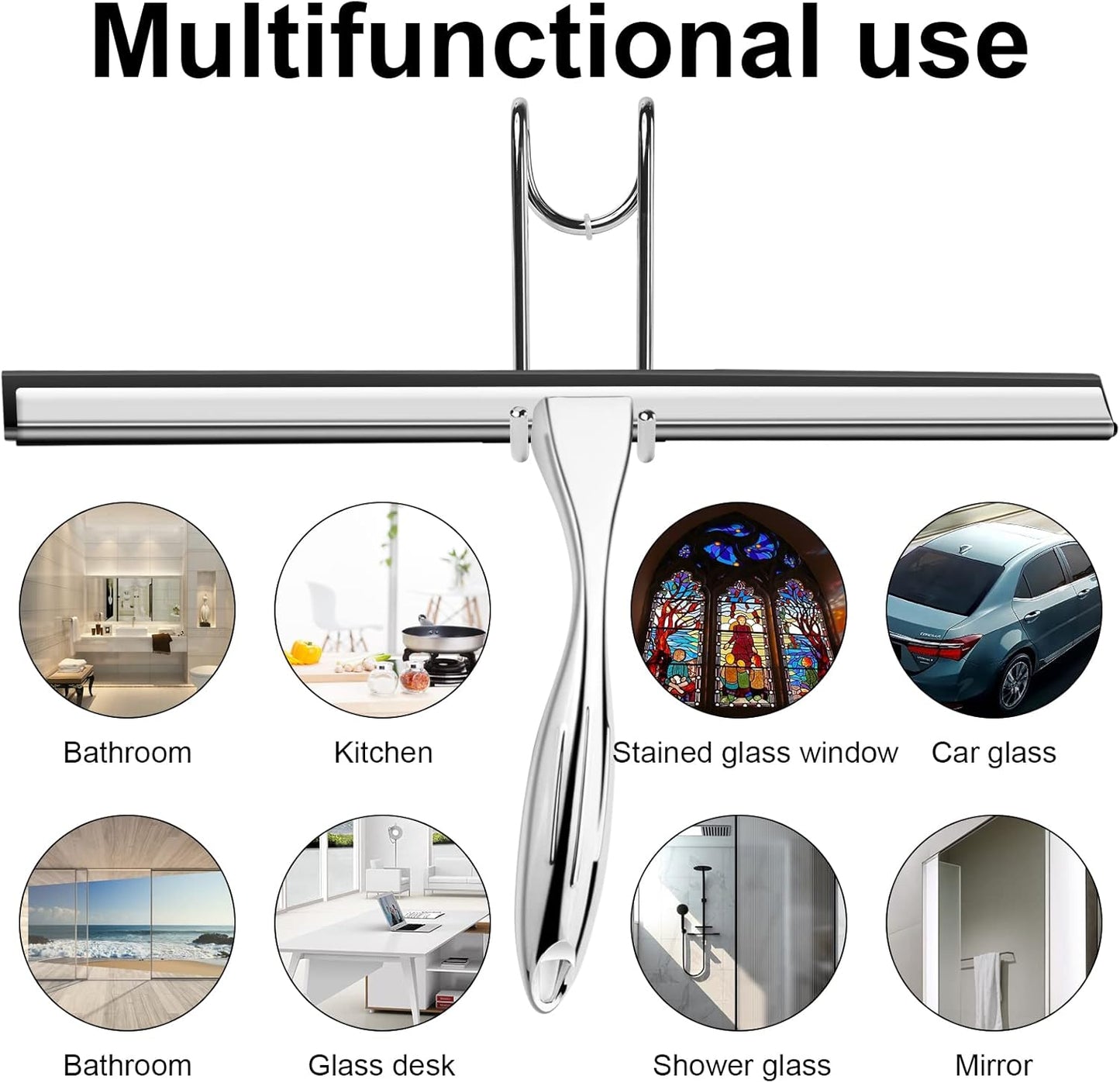 14 Inch Shower Squeegee Stainless Steel with Shower Door Hook and Adhesive Hook Glass Squeegee Bathroom for Doors, Bathroom, Windows, Kitchen, Mirror with Spare Silicone Blade 2 Hooks