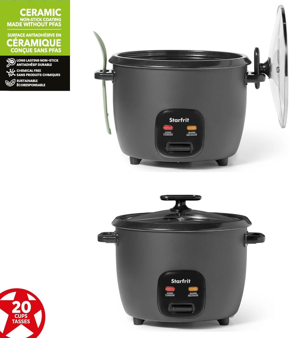 Starfrit Electric Rice Cooker, 20 Cups, PFAS-Free Ceramic, 700W, Grey