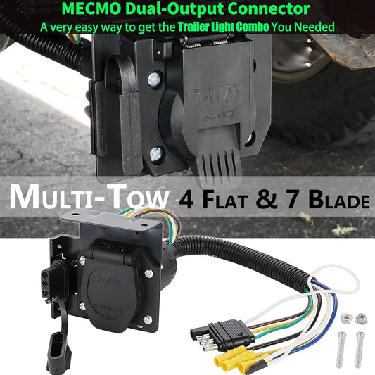 MECMO Multi-Tow 4-Way Flat to 7-Way RV Blade and 4-Way Flat Female End Trailer Wiring Adapter Connector Kit, 4 Pin Vehicle-Side Trailer Light Plug to Dual-output 7 Blade & 4 Flat with Mounting Bracket - PuriLite