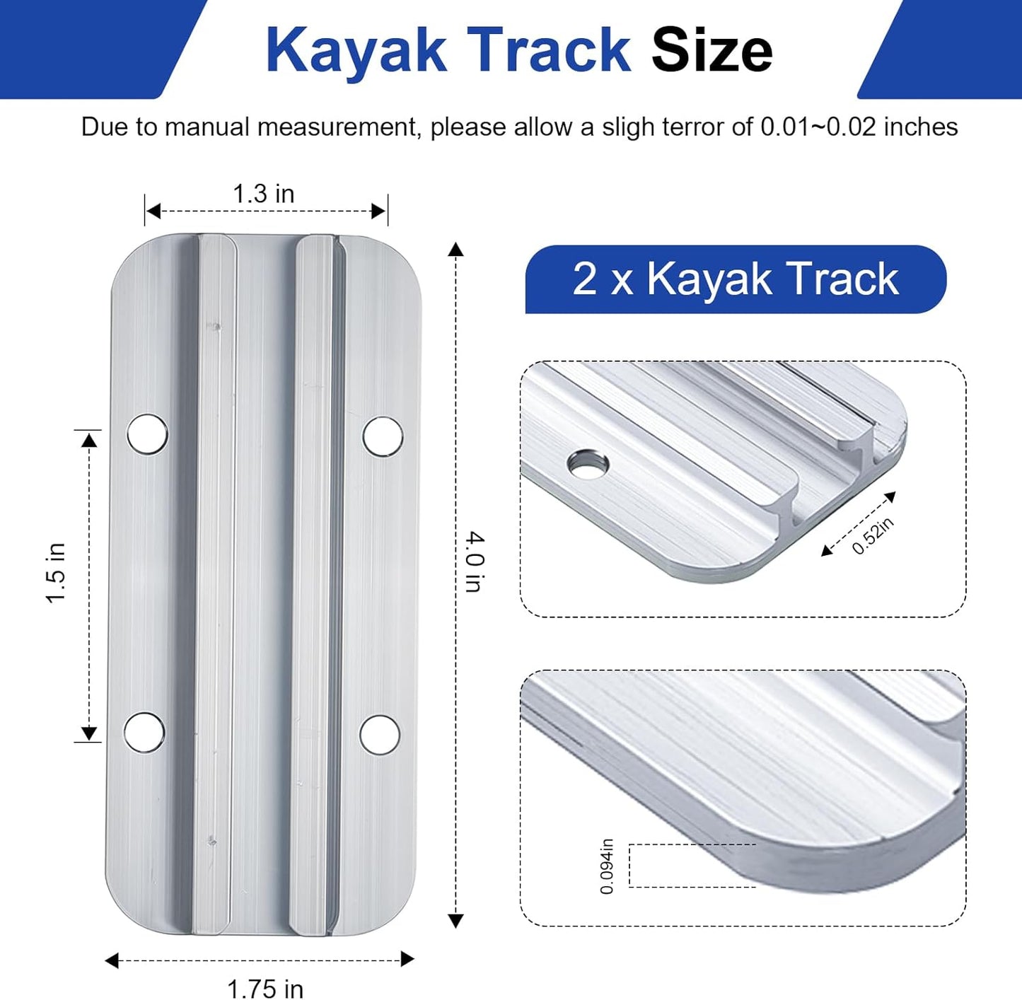 Kayak Track Kayak Rail Accessories Mount for Fishing Rod, Cup Holder, Paddle Holders, Fish Finder, Anchor Cleats for 1/2" Wide Track Hardware (4 Inches, Aluminum, 2 Pieces)
