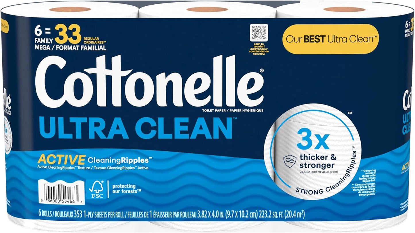Cottonelle Toilet Paper, 24 Family Mega Rolls = 132 Regular Rolls (4 Packs of 6), Ultra Clean, Strong Bathroom Tissue, 353 Sheets per Roll, Packaging May Vary | Equals 132 Regular Rolls, 4-Pack of 6, Strong, Flushable, Plant Based, Packaging May Vary