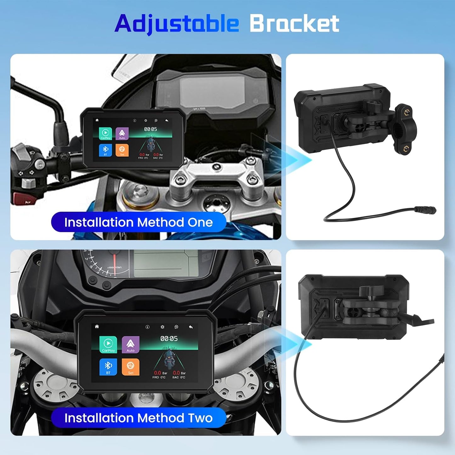 5 Inch Motorcycle CarPlay Screen - Wireless CarPlay/Android Auto/Mirror Link, IP68 Waterproof Touchscreen with Adjustable Mount, Bluetooth, Manual-Dimming HD Display for Motorcycles