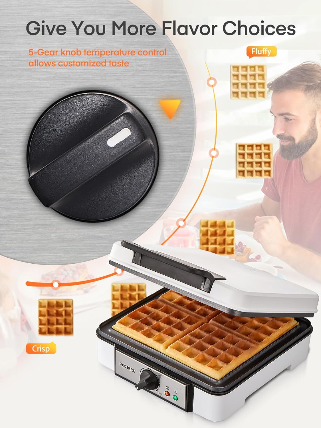 FOHERE Waffle Maker, 4-Slice Waffle Iron, Square Belgian Waffle Maker, with 5 Browning Levels, Non-Stick Plates, Indicator Lights, Cool Touch Handle, Recipe, 1200W (White)