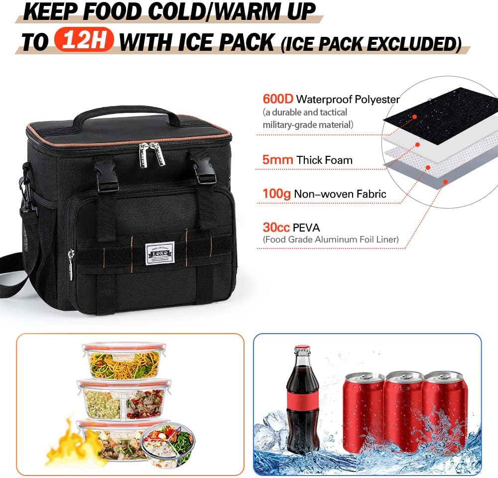 Lekebobor Tactical Lunch Bag for Men, Leakproof Large Insulated Lunch Box with Molle, Waterproof Cooler Bag for Adults Men Outdoor Picnic Travel Office, 24Can (15L), Black
