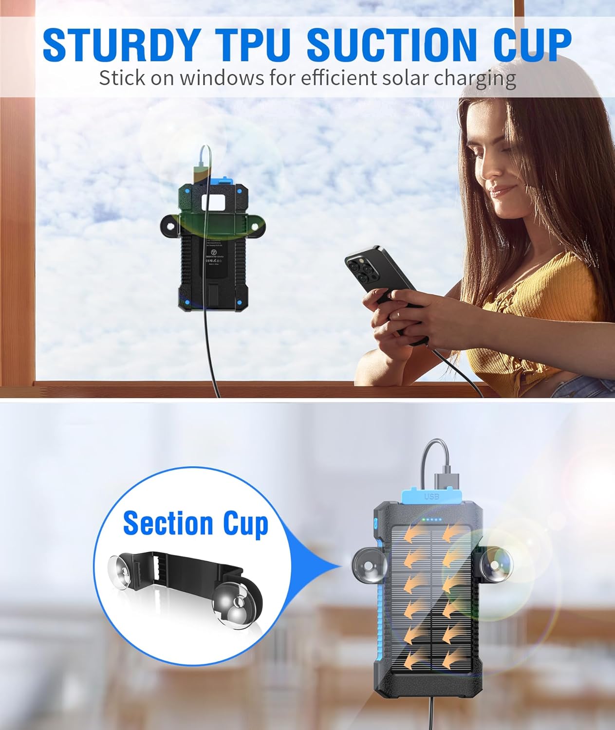 Solar Power Bank 38800mAh, Solar Charger Power Bank with Suction Cup Holder, IP67 Waterproof Outdoor Power Bank for Phone, USB-C Fast Charging with Flashlight Light/SOS/Strobe (Blue, 38800mAh)