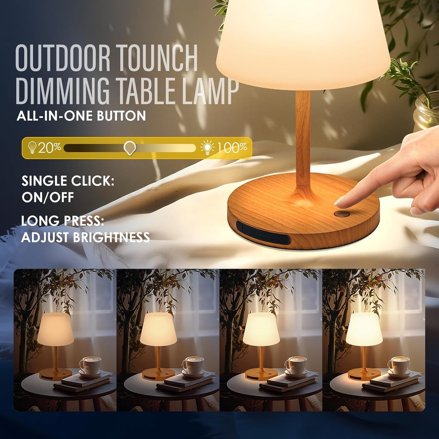 Cordless Outdoor Touch Table Lamp, Waterproof Small Shower Lamp, 4000mAh Battery Operated Rechargeable Dimmable Desk Lamp for Patio, Restaurant, Camping, Home-Wood Grain