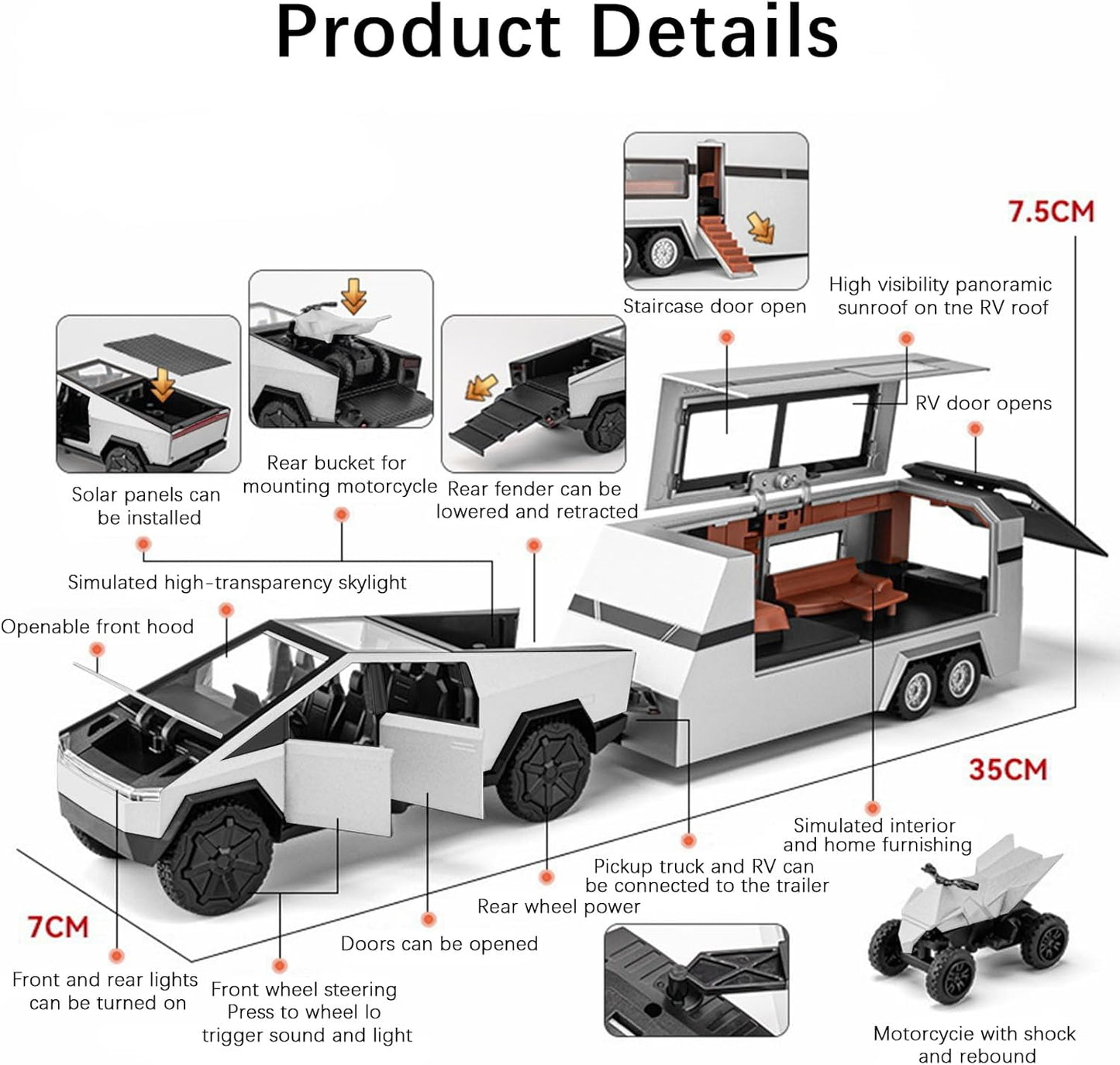 Cybertruck Diecast Toy Truck with RV & Motorcycle – 1:32 Metal Pickup Truck with Sound & Light, Pull-Back Action, Detachable Camper & Off-Road Motorcycle – Kids Vehicle Playset Age 6+