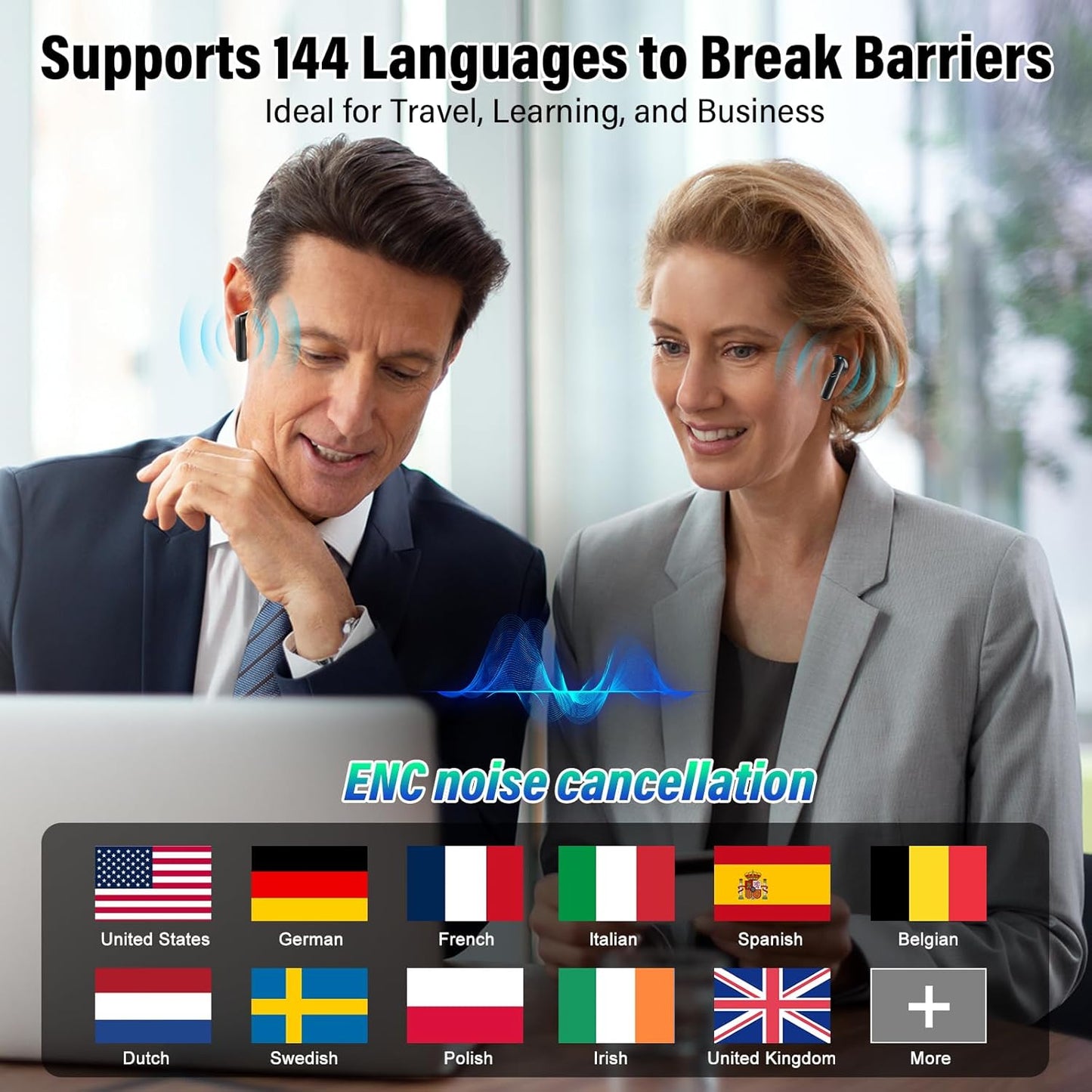 AI Translation Earbuds Real Time, 3-in-1 Language Translator Earbuds for 144 Languages & Accents Online Translation, 48H translate Earbuds with Bluetooth & APP for Travel/Business/Learning, Black