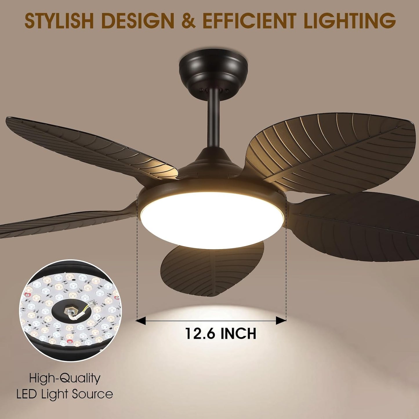 Wiviniya Ceiling Fans with Lights and Remote/APP Control, 44 Inch Tropical Palm Leaf Ceiling Fan with LED Lights, Outdoor Ceiling Fans for Patios Porch, Reversible Quiet Motor, Dimmable, Light Brown