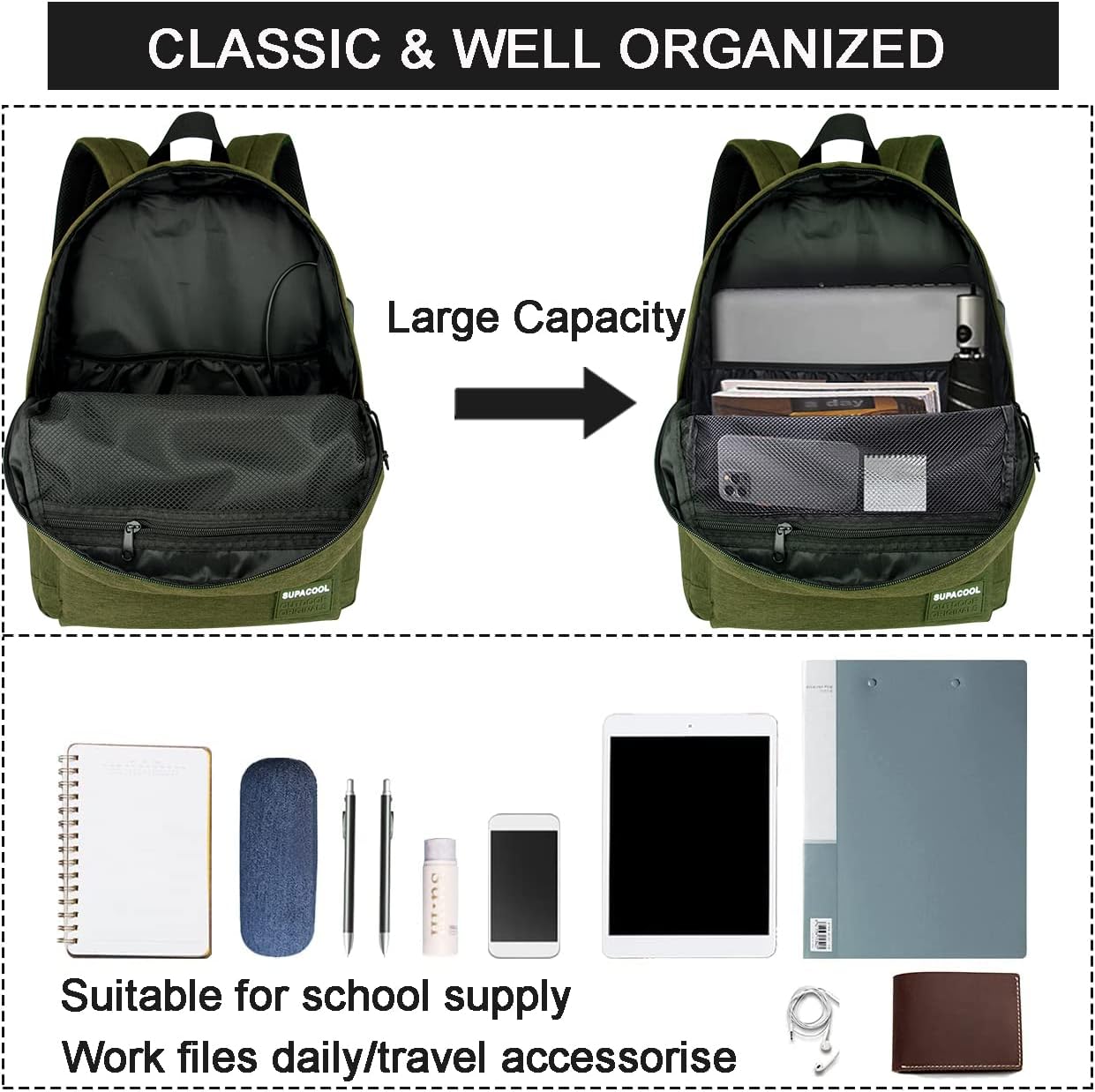 SUPACOOL Casual Laptop Backpack with USB Charging Port for Men and Women, School Bookbag for College, Lightweight Pack Back(Dark Black)