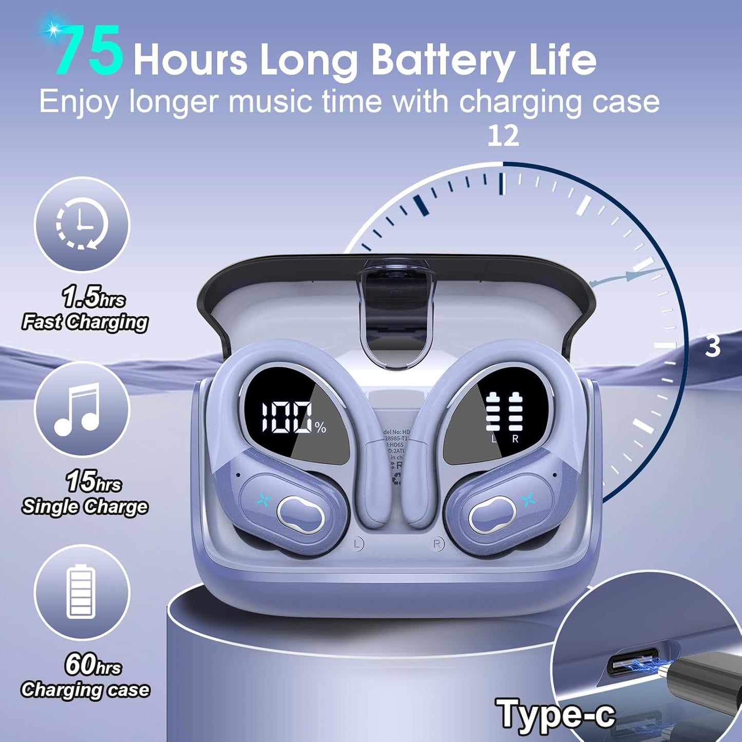 STECEi Wireless Earbuds 75hrs Bluetooth 5.4 Headphone Sport, Bluetooth Earbuds HiFi Stereo Over Ear Bud with Earhooks, ENC Noise Cancelling Mic, IP7 Waterproof Wireless Earphone for Workout/Running
