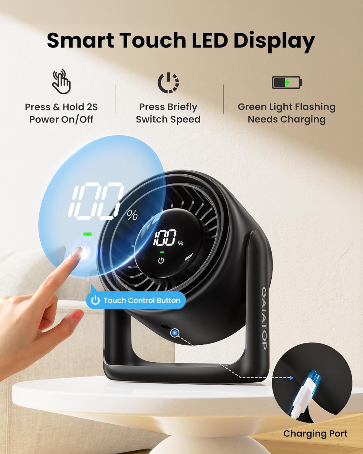 Gaiatop 7.7-Inch Rechargeable Desk Fan with Touch Control – Ultra Quiet USB-C Desktop Fan with 4000mAh Battery, 5 Speeds, LED Display & 90° Adjustable Tilt - PuriLite