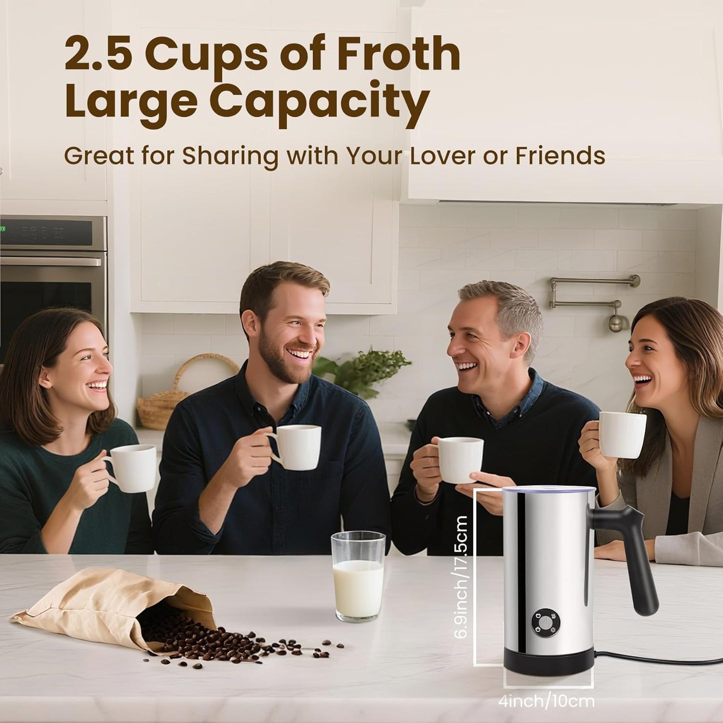 Stainless Steel 4-in-1 Electric Milk Frother, Milk Frother and Steamer, 10.6oz Large Capacity, Cold and Hot Foam Maker for Lattes, Cappuccinos, Non-Stick Coating Interior, Polished