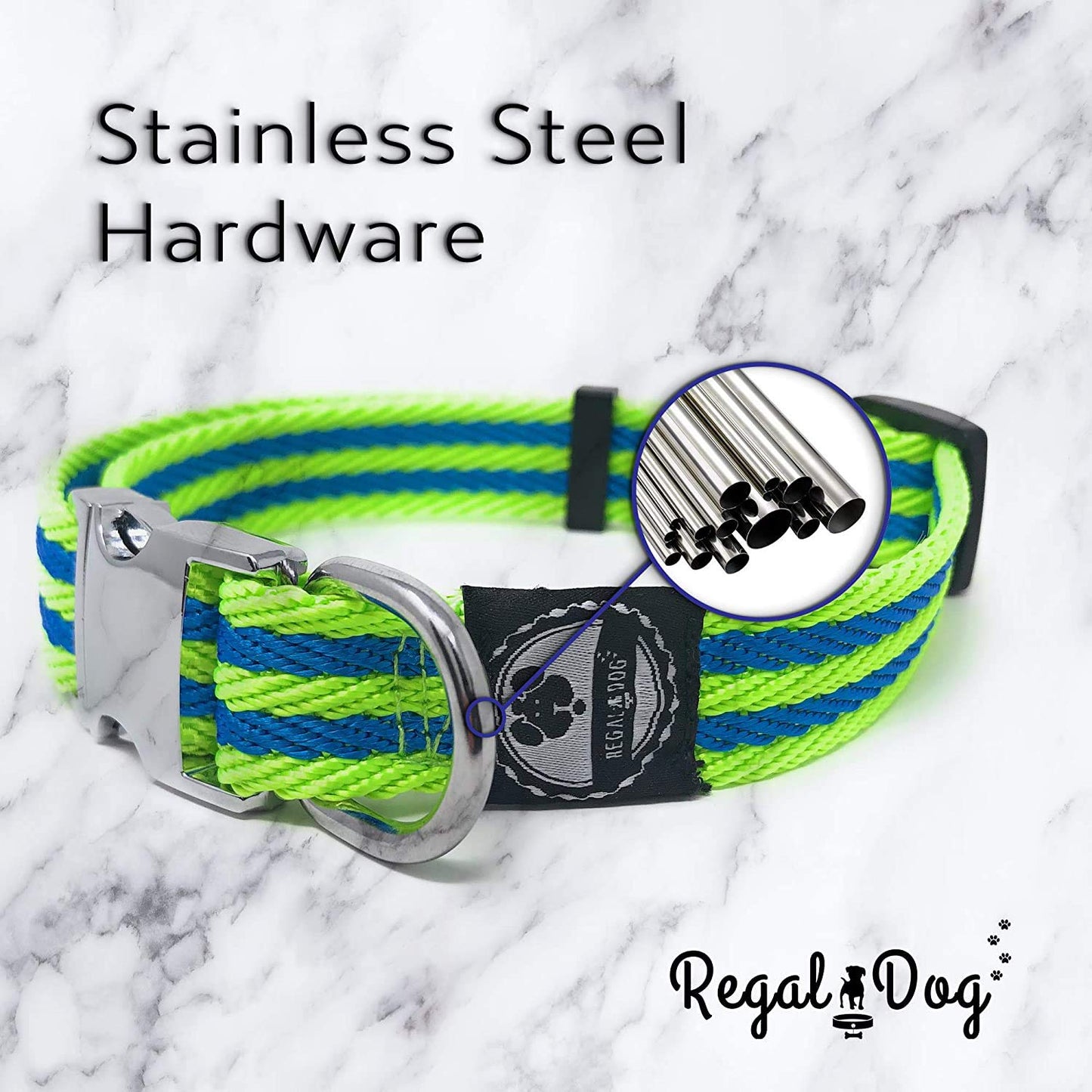 Regal Dog Products Pet Collar with Metal Buckle and D Ring | Durable Dog Collar with Reinforced Metal Clasp and Nylon Webbing Adjustable Dog Collar to fit for Large Dogs (Large, Blue/Gray Stripe)