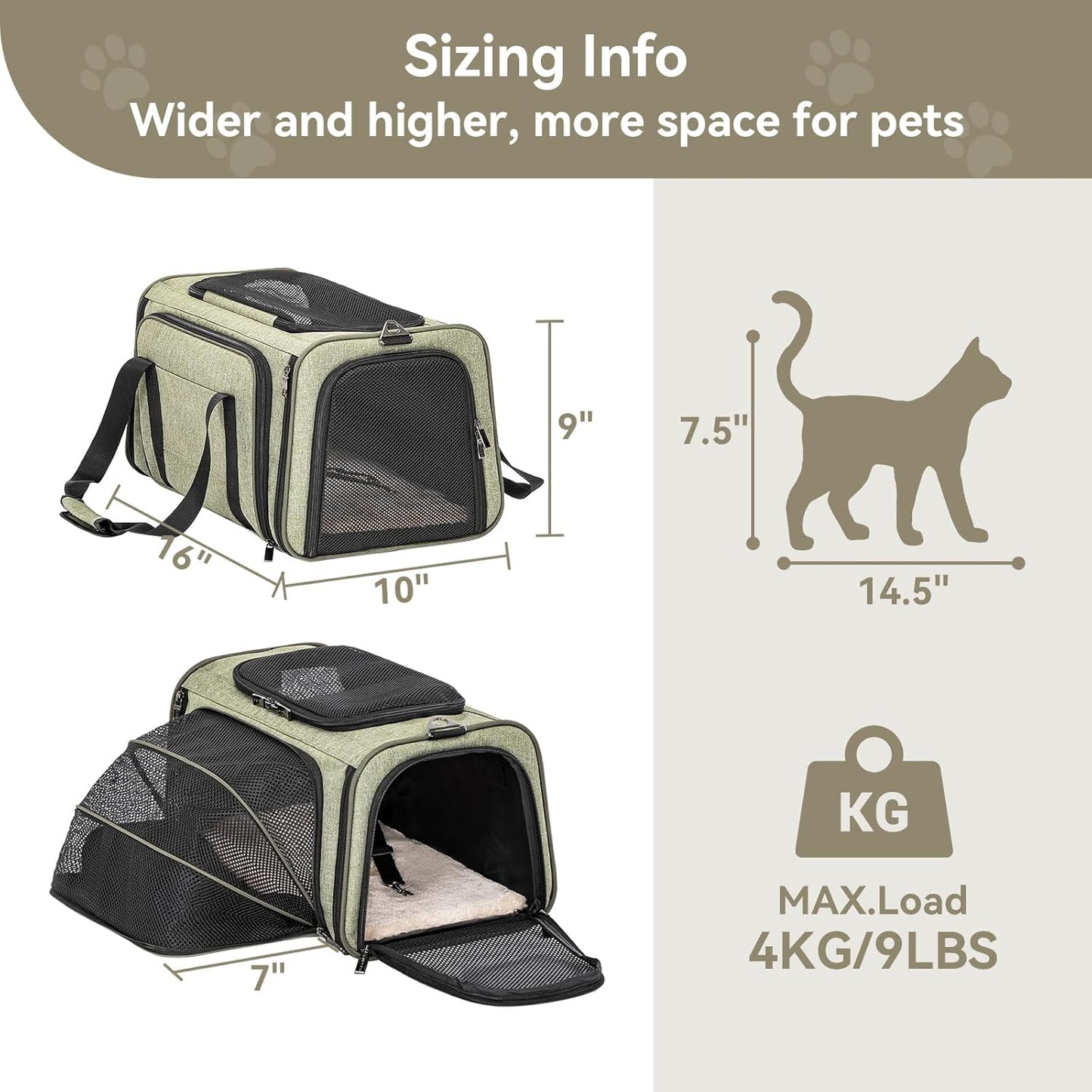 Petsfit Expandable Cat Dog Carrier Airline Approved, 17" L x 11" W x 11" H Soft-Sided Portable Pet Travel Carrier for Kitten, Puppy, Removable Soft Plush Mat and Pockets, Auto-Locking Zippers