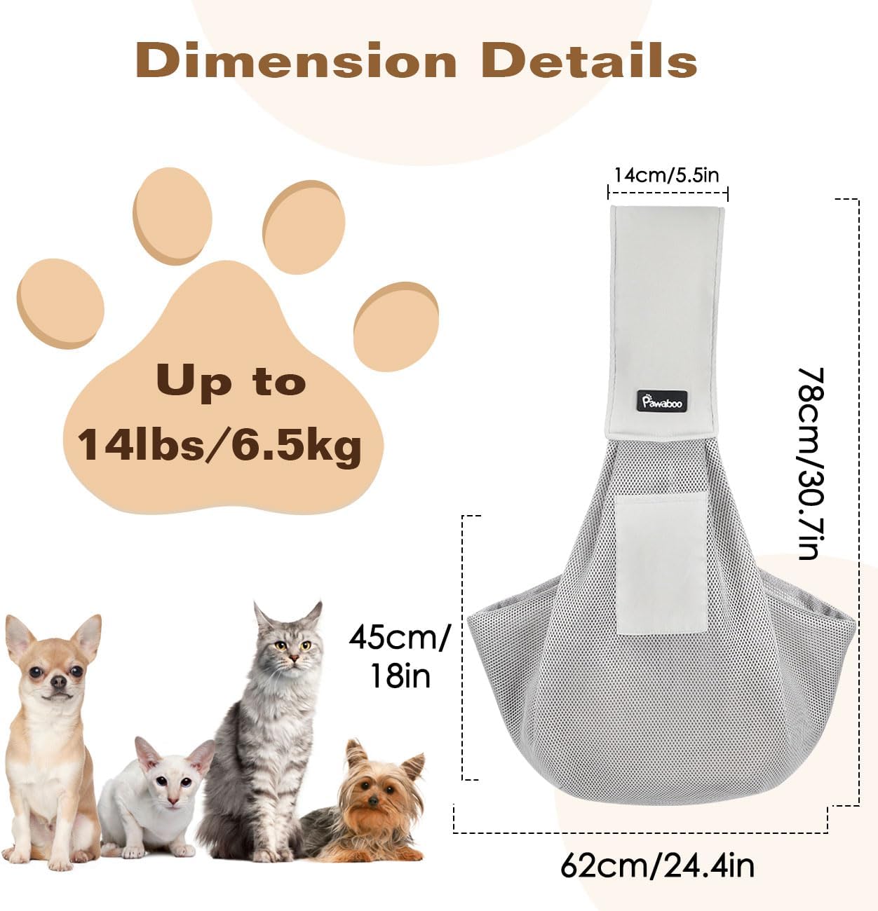 Pawaboo Small Dog Sling Carrier, Reversible Hands Free Dog Sling Carrier for Small Dogs and Cats, Puppy Sling Carrier with Adjustable Strap Buckle & Safety Harness, Puppy Essentials, Grey