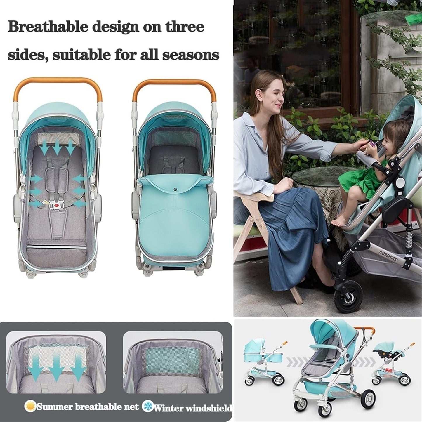 Newborn 3 in 1 Baby Stroller - Lightweight, Foldable Infant Carriage Luxury Pram, Anti-Shock Toddler Pushchair (Black)