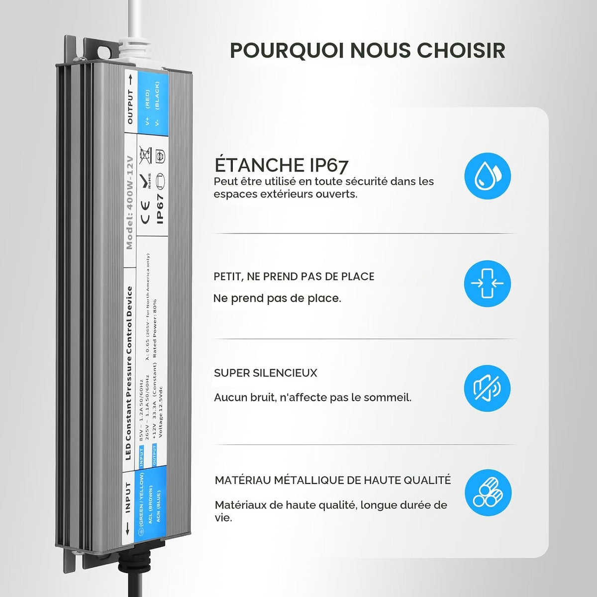 LED Driver 100 Watts Waterproof IP67 Power Supply 85V-265V AC to 12V DC Converter,Quiet and Small LED Transformer Low Voltage Output with 3-Prong Plug 3 Feet Cable for LED Light Strip, Outdoor